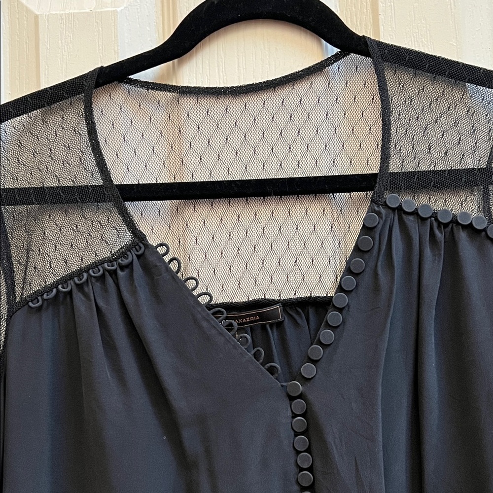 BCBGMaxAzria Black Sheer Mesh Sleeve Polka Dot Blouse Top Dark Academia M Work - Picture 7 of 7